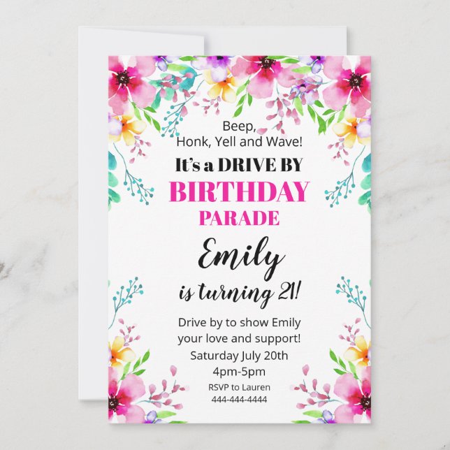Invitación Floral Birthday Drive By Parade Invitat Invitation (Front)