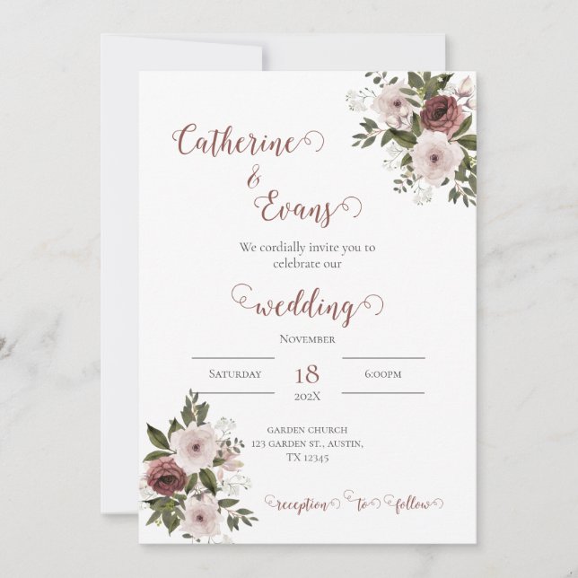 Invitación Floral Green pink wedding invitation (Front)