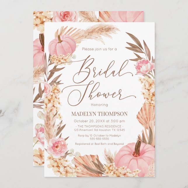Invitación Floral Pink Pampas Grass Pumpkin Bridal Invitation (Front/Back)
