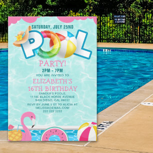 Invitación Girls Pool Party Birthday – Pink & Teal Invitation