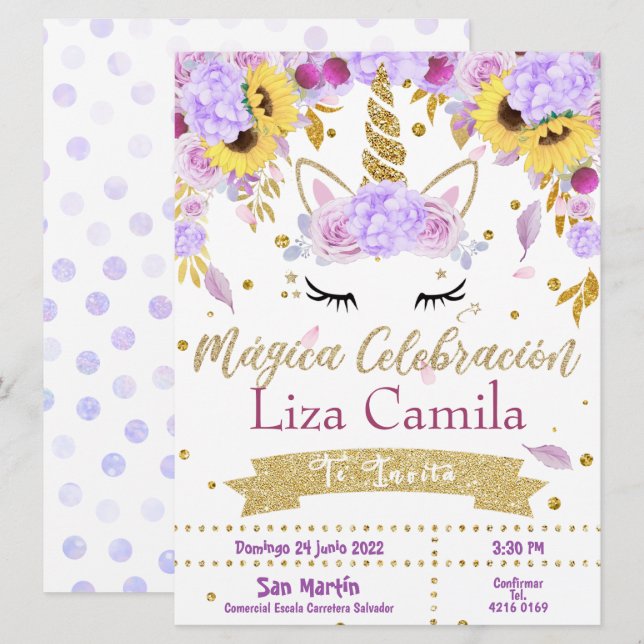 Invitación Lindo unicornio con flor lila y rosa Invitation (Front/Back)