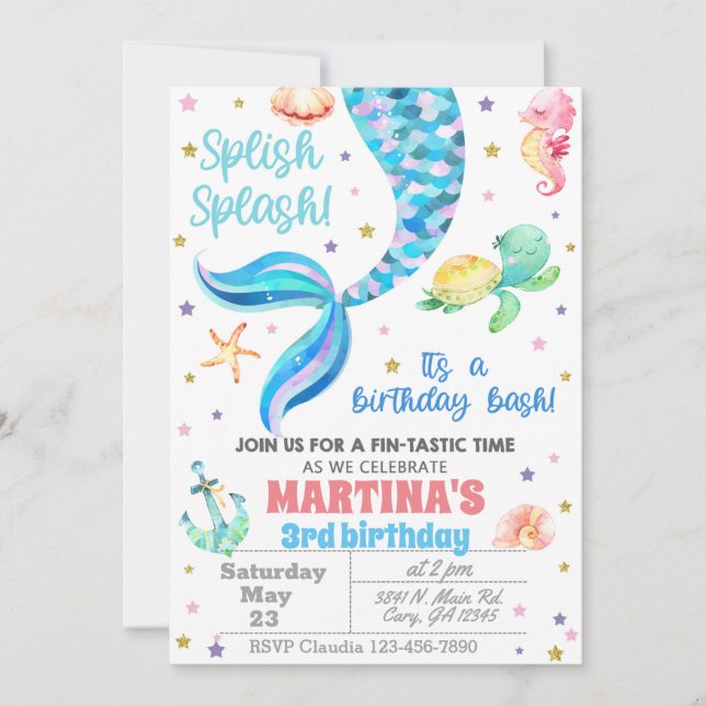 Invitación Mermaid birthday invitation, sea turtle Invitation (Front)