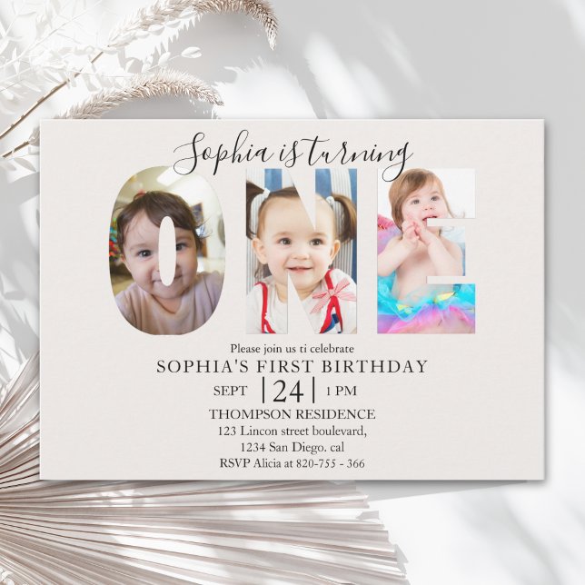 Invitación Minimalist "ONE" First Birthday Photo G Invitation (Creator Uploaded)