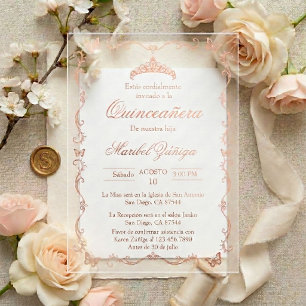 Invitación Quinceañera Corona mariposa rosa oro Acrylic Invitations
