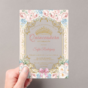 Invitación quinceañera floral con corona elegante acrylic invitations