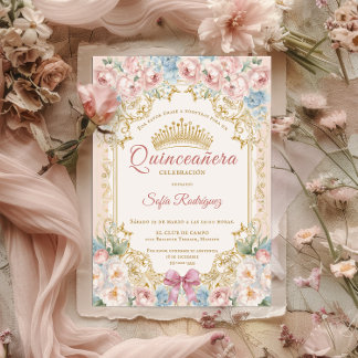 Invitación quinceañera floral con corona elegante announcement