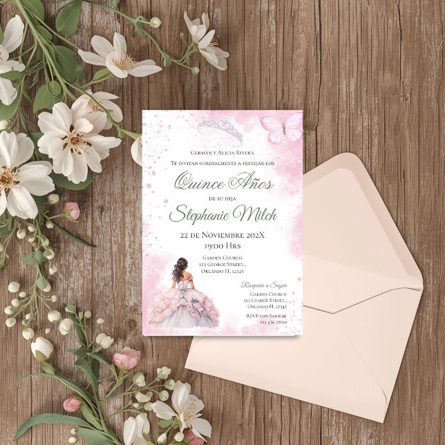 Invitación Spanish Quinceanera pink floral invite (Creator Uploaded)