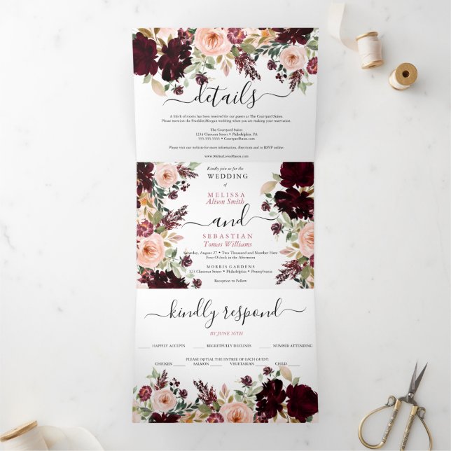 Invitación Tríptica Elegant triptych floral photog Tri-Fold Invitation (Inside)