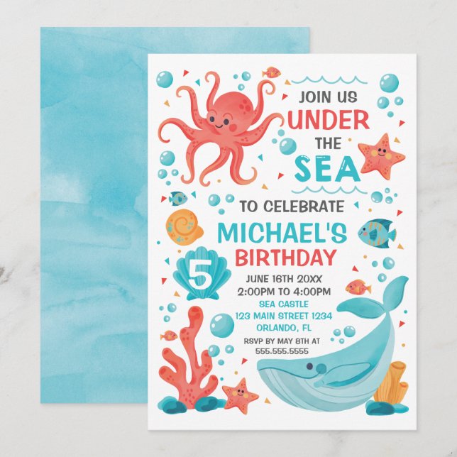 Invitación Under the Sea blue and coral birthday i Invitation (Front/Back)