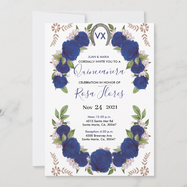 Invitaciones for Quinceanera Invitation, Blu Roses (Front)