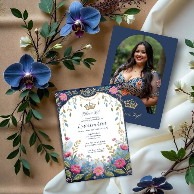 Invitation (Blue Spanish Mexican Inspired Floral Border Embroidery Style Quinceañera Invitation Cards.)