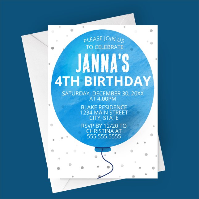 Invitation (Blue Watercolor Balloon Birthday Party Invitation)