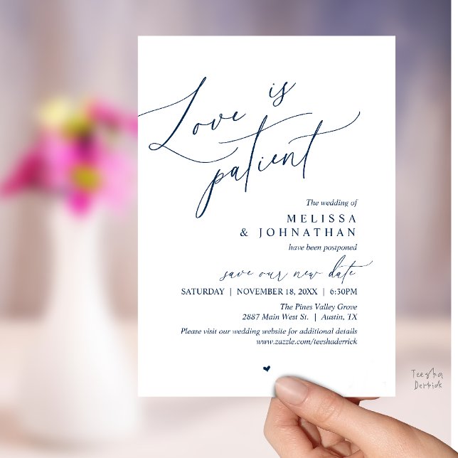 Invitation (“Love Is Patient” Wedding Postpone Announcement, Change the date card in Navy Blue)
