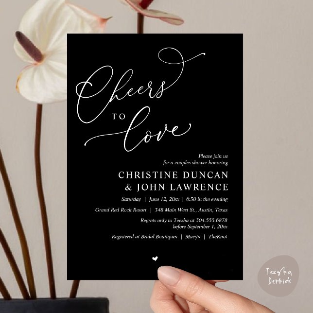 Invitation (Cheers to love, Romantic Couples Shower Modern Party Winery Invitation Card, PDF, Summer White Black)