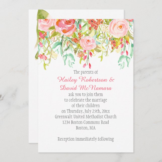 Invitation #2 Pink Roses Mint Wildflowers Greenery (Front/Back)
