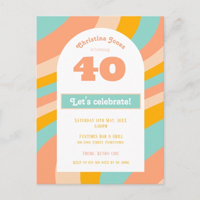 Invitation, 40th Birthday Party pastel retro chic Invitation Postcard (Front)