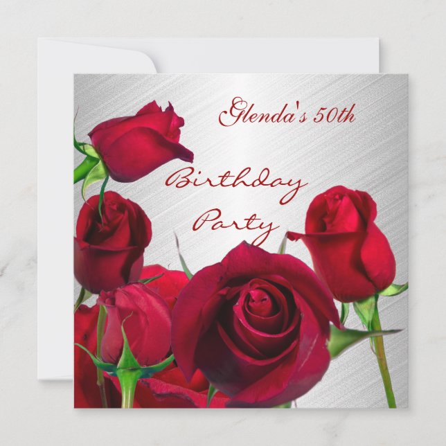 Invitation 50th Birthday Party Red Roses White (Front)