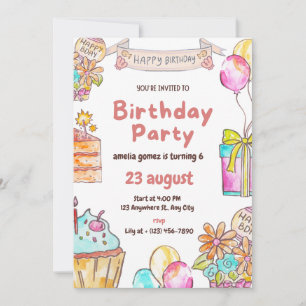 Invitation 6th BirthdayPink Watercolor for Girls