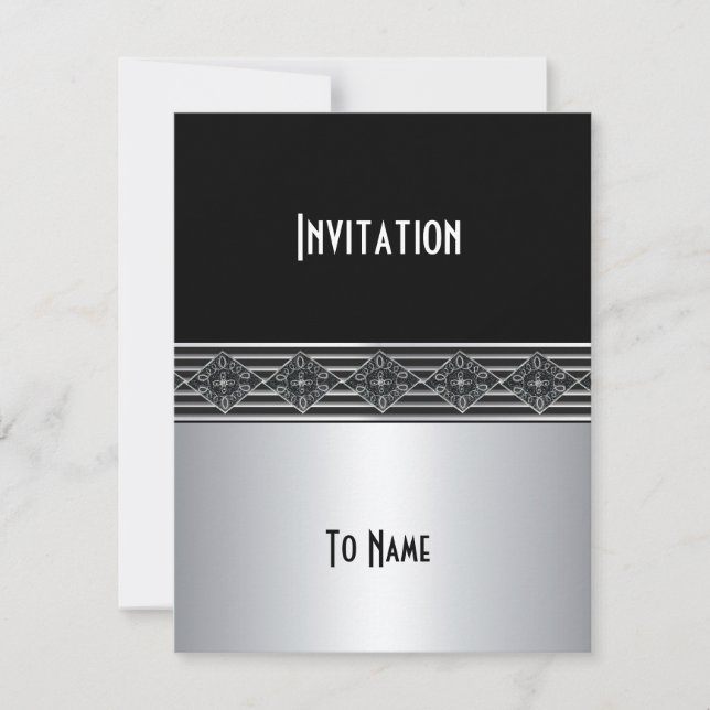 Invitation All Occasions Silver Black Art Deco (Front)