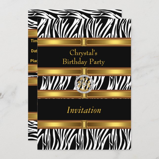 Invitation Animal Zebra Print Gold Birthday Party (Front/Back)
