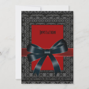 Invitation Antique Black Red Brocade Bow