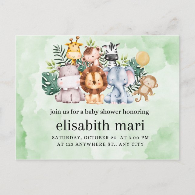 invitation baby shower, animals postcard (Front)