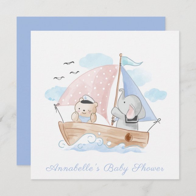 INVITATION : BABY SHOWER : BEAR + ELEPHANT (Front/Back)