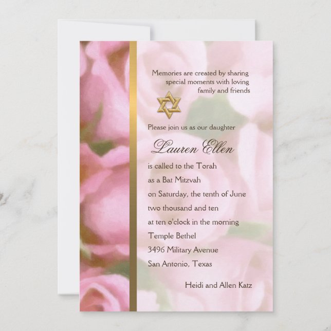 Invitation Bat Mitzvah Pink Roses (Back)