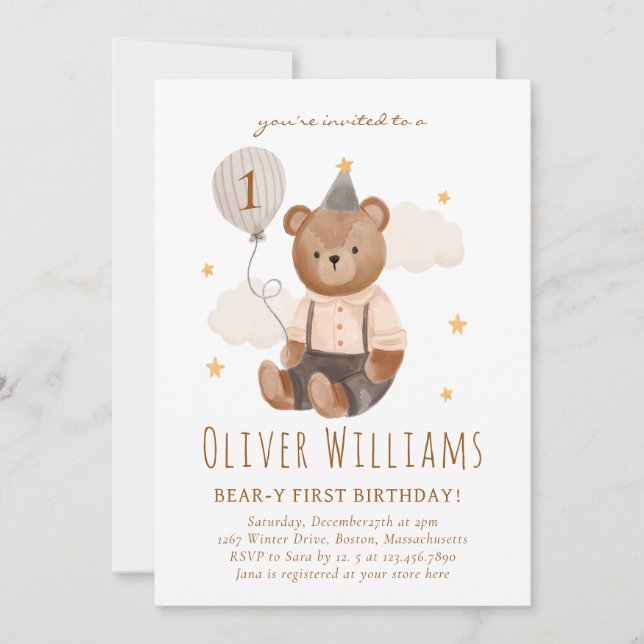 Invitation bear 1st birthday blue balloon (Front)