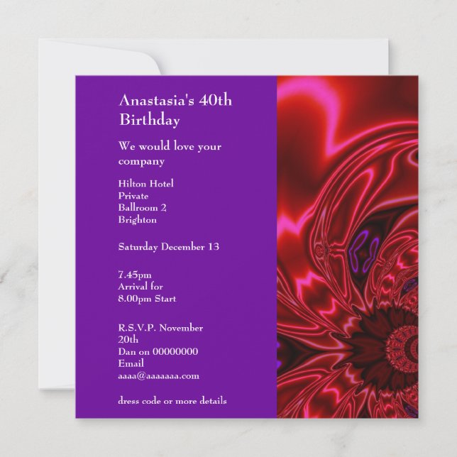 Invitation Birthday Abstract Faux Silk Red Purple (Front)