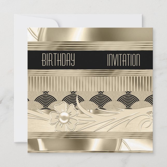 Invitation Birthday Black Light Gold Art Deco (Front)