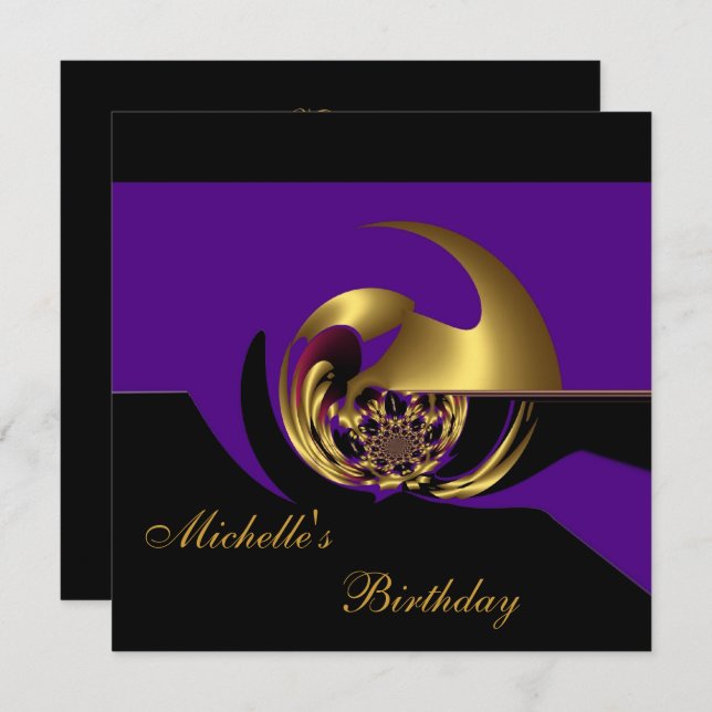 Invitation Birthday Black & Purple Gold Abstract (Front/Back)