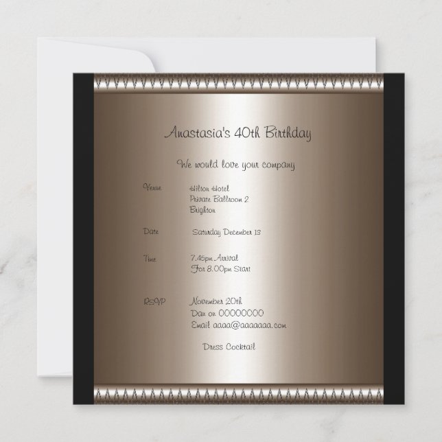 Invitation Birthday Bronze Black Rose Bow (Front)