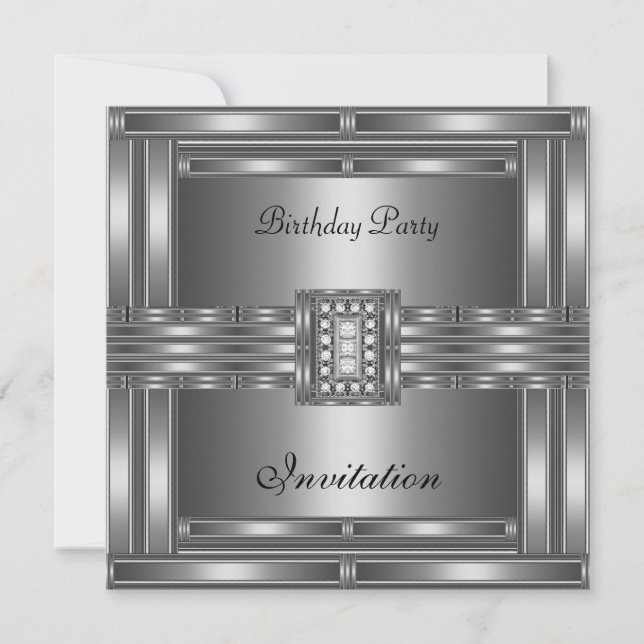 Invitation Birthday Chrome On Silver Diamond Jewel (Front)