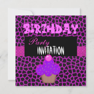 Invitation Birthday Girls Cupcake Pink Purple