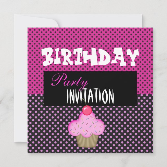 Invitation Birthday Girls Cupcake Pink Spot (Front)