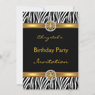 Invitation Birthday Party Animal Zebra Gold Jewel