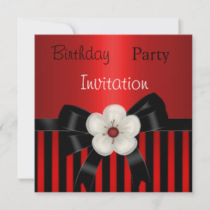 Invitation Birthday Party Red Black Stripe Floral