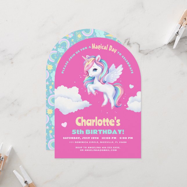 Invitation birthday party with unicorn. (Front/Back In Situ)