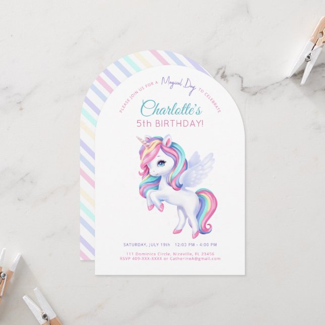 Invitation birthday party with unicorn. (Front/Back In Situ)