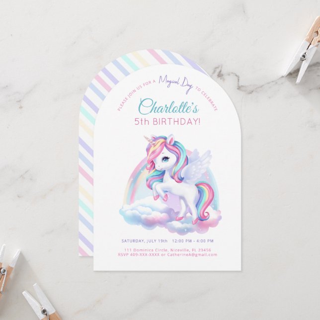Invitation birthday party with unicorn. (Front/Back In Situ)