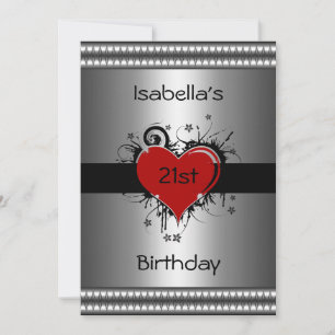Invitation Birthday Red Heart on Silver