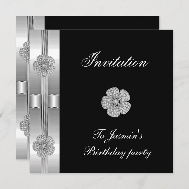 Invitation Black Silver Diamond flower Jewel (Front/Back)