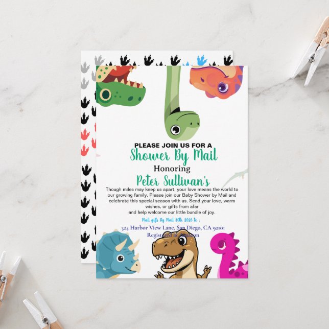 Invitation by Mail Cute Dinosaur Baby Shower  (Front/Back In Situ)