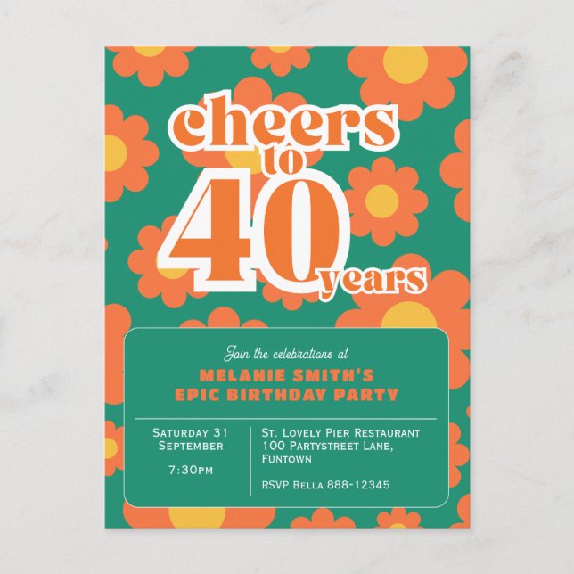 Invitation "Cheers to 40 years" retro green 40th  Postcard (Front)
