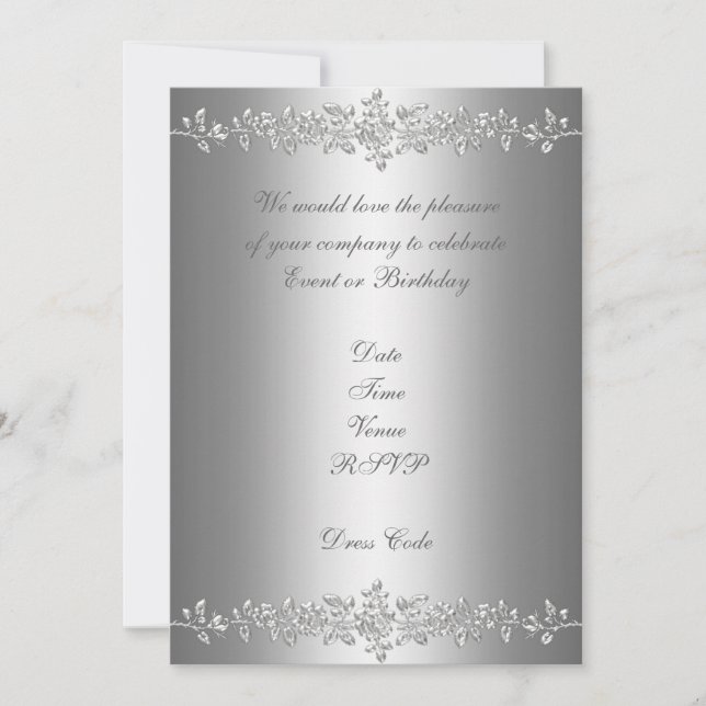 Invitation Elegant Birthday Grey Silver Rose Trim (Front)