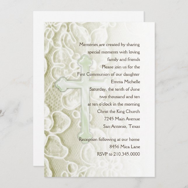 Invitation First Communion Lace and Cross Ivory (Front/Back)