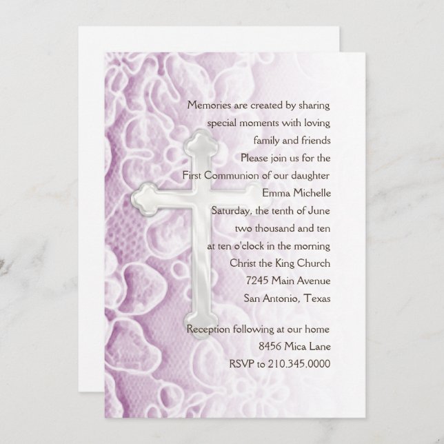Invitation First Communion Lace and Cross Lilac (Front/Back)