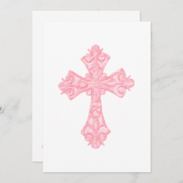 Invitation First Communion Watercolor Cross Pink (Front/Back)