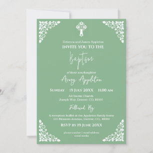 Invitation Floral Cross Baptism Sage Green